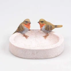 Bain oiseau en résine avec oiseaux 20 x 15 x 10.5 cm (Rouge gorge)