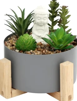 Bouddha avec plantes succulentes 16 x 14 cm (Gris)