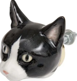 Bouton de porte animal en porcelaine (Tête de chat noir et blanc)