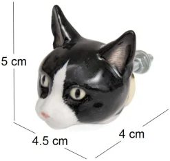 Bouton de porte animal en porcelaine (Tête de chat noir et blanc)