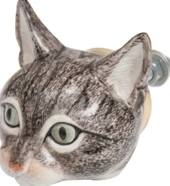 Bouton de porte animal en porcelaine (Tête de chat tigré)