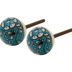 Boutons ronds en céramique fleurs bleues et blanches (Lot de 2)