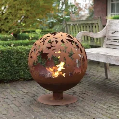 Brasero rond en métal rouillé (Feuilles)