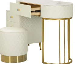 Coiffeuse effet matelassé avec tabouret Sharon (Blanc et doré)