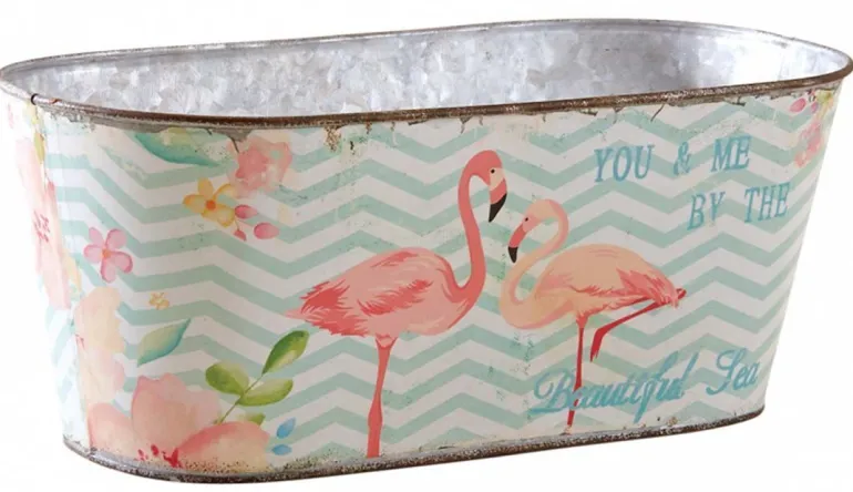 Corbeille ovale en métal flamants roses 32 cm