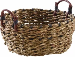 Corbeille ronde en jonc avec anses en cuir (14 cm)