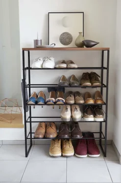 Etagère à chaussures en métal et bois Tower (Noir)