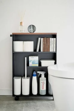 Etagère de toilette sur roulettes métal et bois Slim (Noir)
