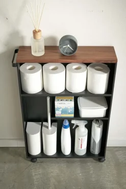Etagère de toilette sur roulettes métal et bois Slim (Noir)