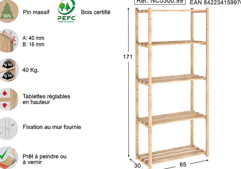 Etagère en kit profondeur 30 cm Natura (5 tablettes)