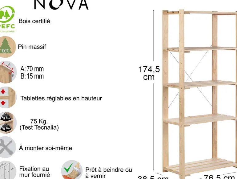 Etagère en pin massif Nova (76.5 x 38.5 x 174.5 cm)