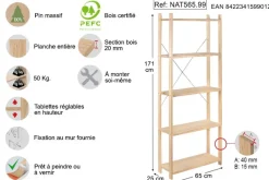 Etagère Natura 5 tablettes et montants à lattes