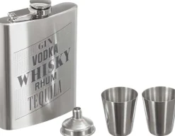 Fiole à whisky avec shooters et entonnoir