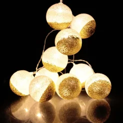 Guirlande lumineuse boules pailletées 10 leds (Blanc, Doré)