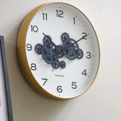 Horloge murale ronde Open Gear (Jaune ocre et bleu foncé)