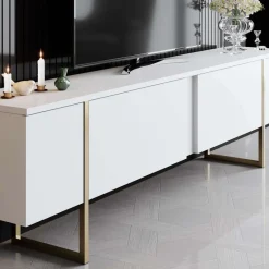 Meuble TV en aggloméré et métal Luxe (Blanc + doré)