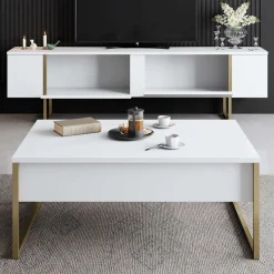 Meuble TV en aggloméré et métal Luxe (Blanc + doré)