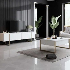 Meuble TV en aggloméré et métal Luxe (Blanc + doré)