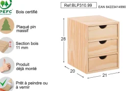 Mini rangement bloc en pin brut avec tiroirs (3 tiroirs)