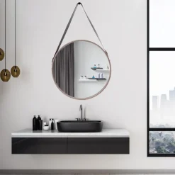 Miroir rond avec anse en PU Barber (50 cm)