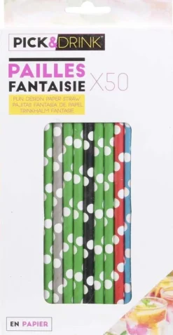 Pailles imprimées fantaisies en papier (Lot de 50) (Pois vifs)