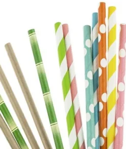 Pailles imprimées fantaisies en papier (Lot de 50) (Pois pastels)