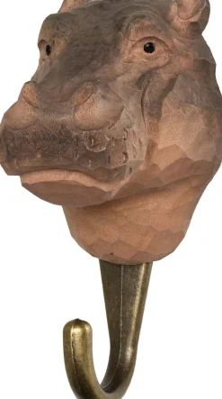 Patère animal en bois sculpté à la main et métal (Hippopotame)