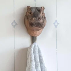 Patère animal en bois sculpté à la main et métal (Hippopotame)