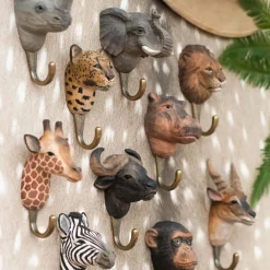 Patère animal en bois sculpté à la main et métal (Hippopotame)