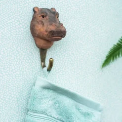 Patère animal en bois sculpté à la main et métal (Hippopotame)