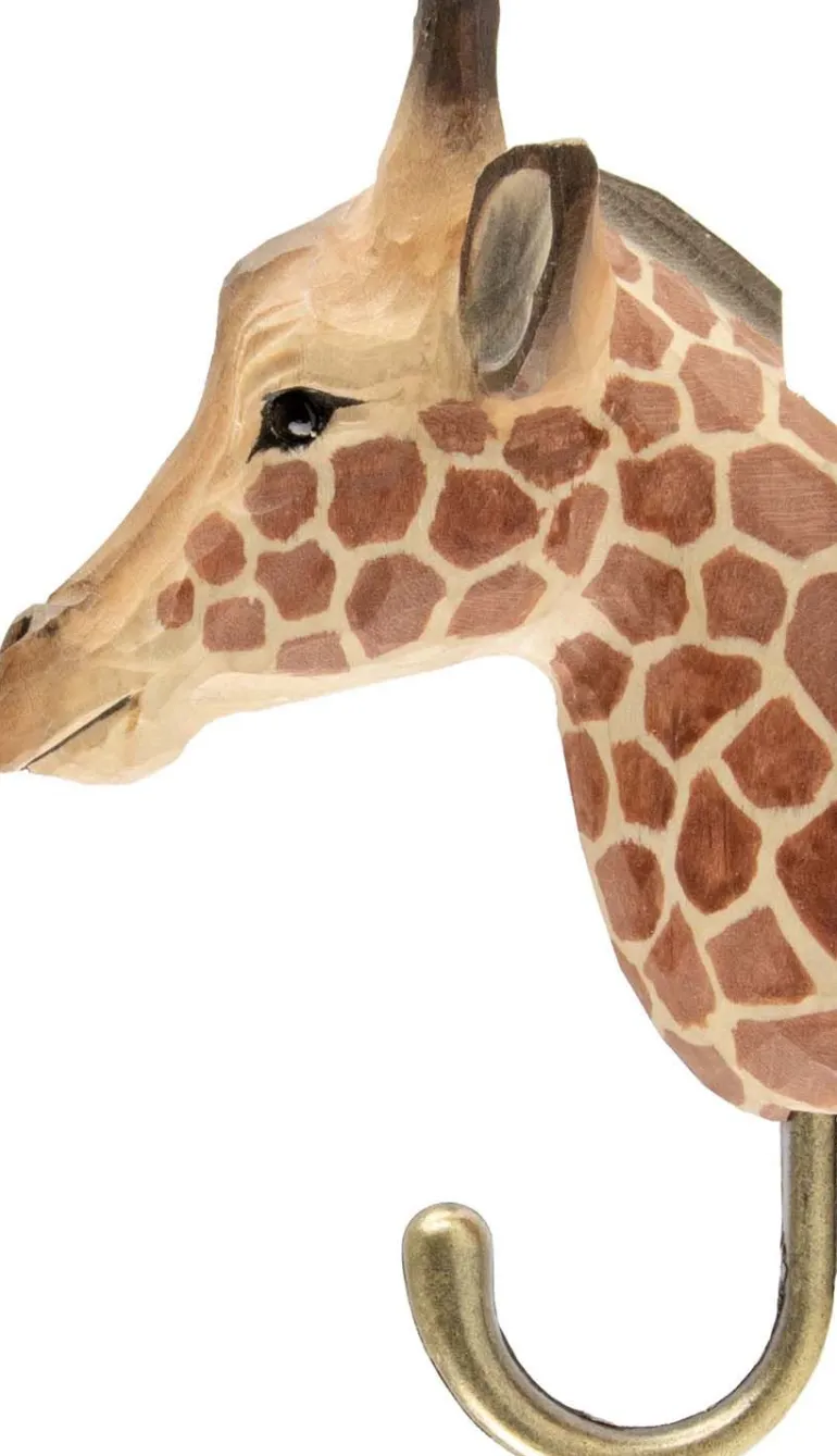 Patère animal en bois sculpté à la main et métal (Girafe)