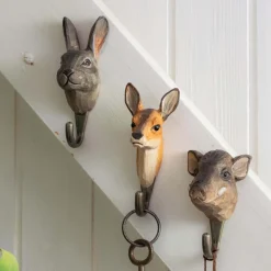 Patère animal en bois sculpté à la main et métal (Chevreuil)