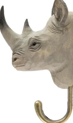 Patère animal en bois sculpté à la main et métal (Rhinocéros)