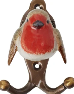 Patère animal en porcelaine 2 crochets (Rouge gorge)