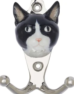 Patère animal en porcelaine 2 crochets (Tête de chat noir et blanc)