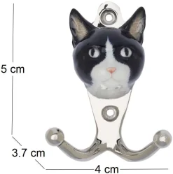 Patère animal en porcelaine 2 crochets (Tête de chat noir et blanc)