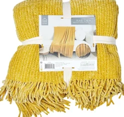 Plaid chenille en polyester avec franges 120 x 150 cm (Moutarde)