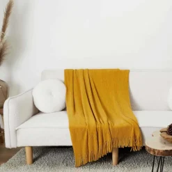 Plaid chenille en polyester avec franges 120 x 150 cm (Moutarde)