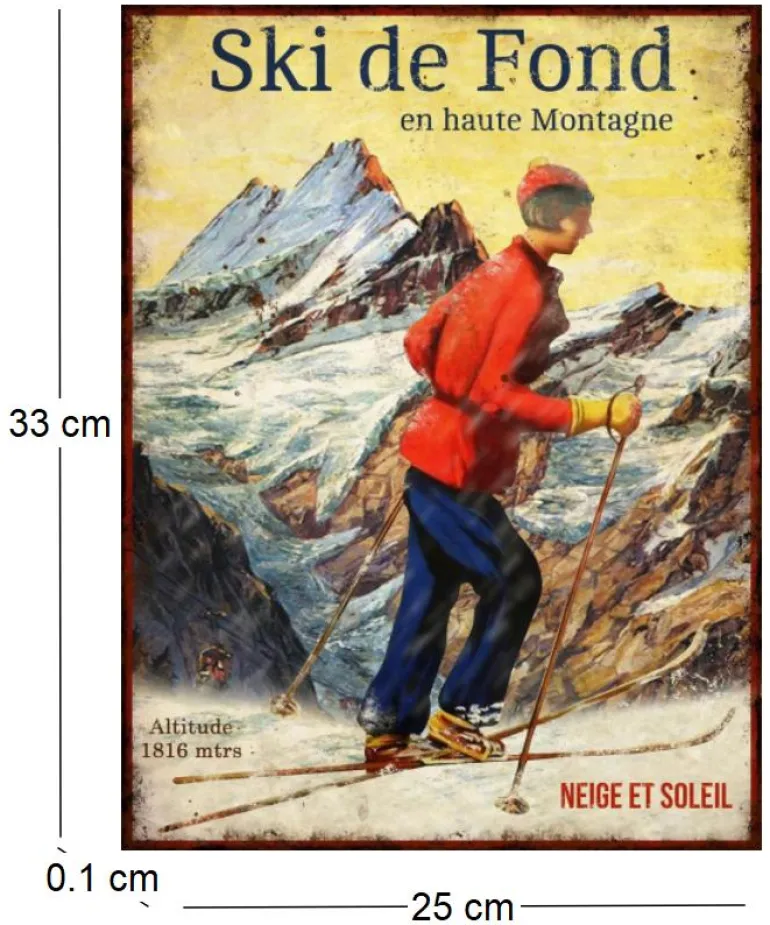 Plaque vintage sports d'hiver en métal 25 x 33 cm (Ski de fond)