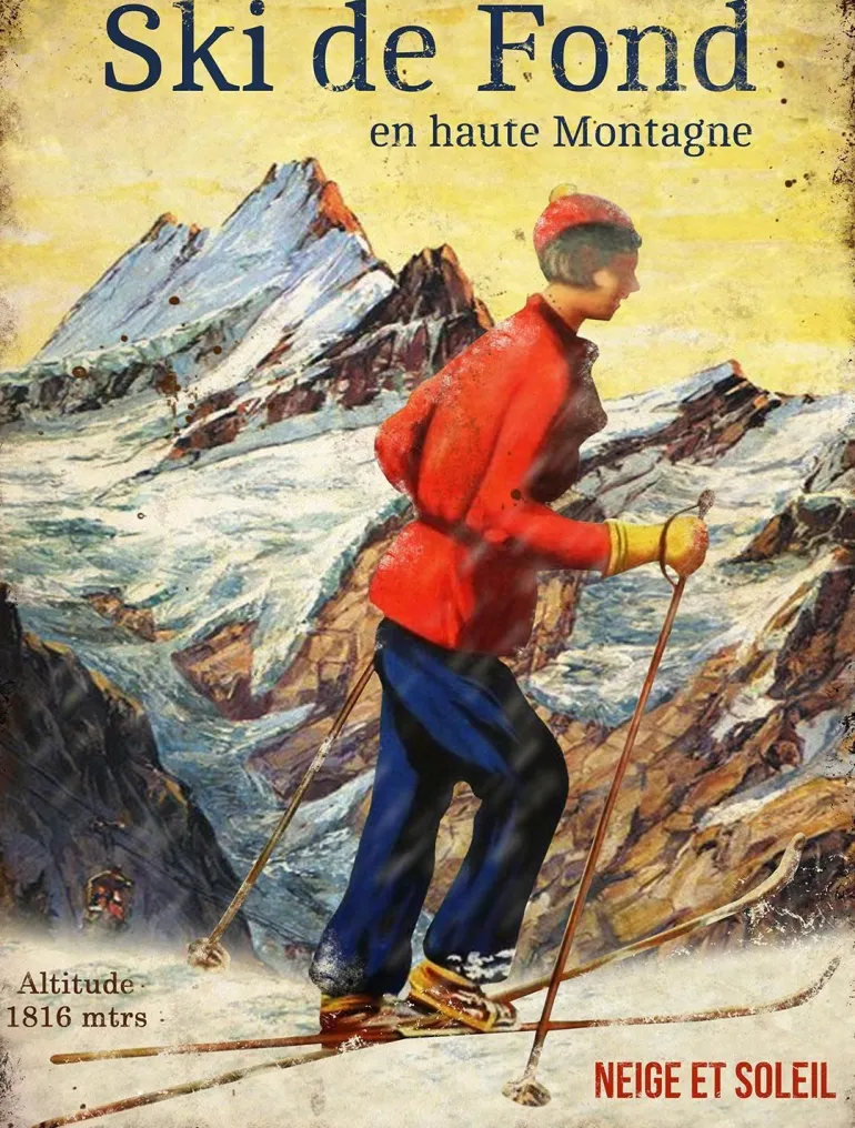 Plaque vintage sports d'hiver en métal 25 x 33 cm (Ski de fond)