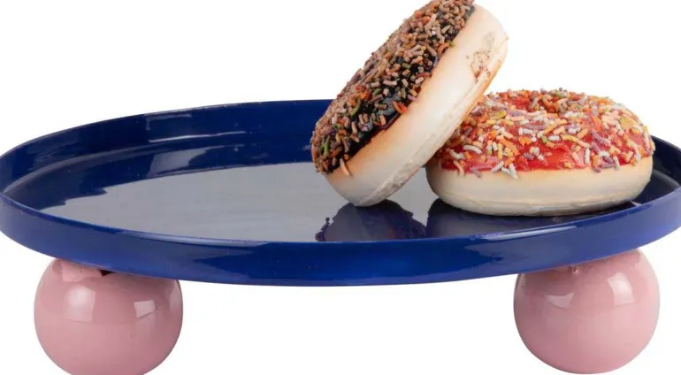Plateau rond en métal Double Funky Large (Bleu et rose)