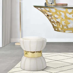 Pouf en tissu avec surpiqures Flower 40 x 44 cm (Crème)