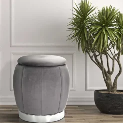 Pouf en tissu et métal 2 en 1 Paris 43 x 43 cm (Gris et Argent)
