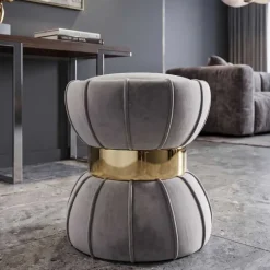 Pouf en tissu et métal Flower 40 x 44 cm (Gris)
