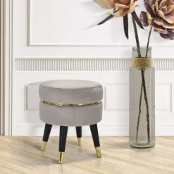 Pouf sur pieds en tissu Paris 35 x 40.5 cm (Gris - Noir et Doré)