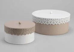 Set 2 boites motif dentelles blanc/taupe
