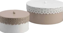 Set 2 boites motif dentelles blanc/taupe