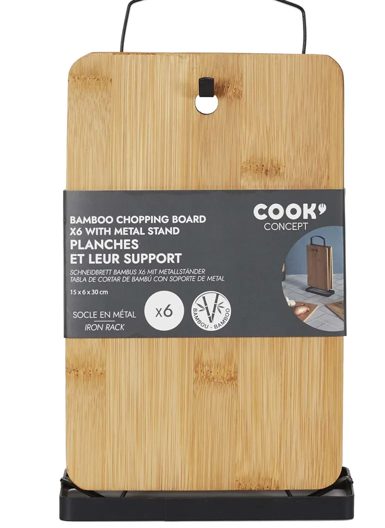 Set de 6 planches à découper en bambou avec socle en métal