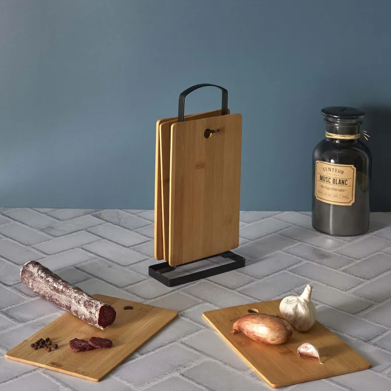 Set de 6 planches à découper en bambou avec socle en métal