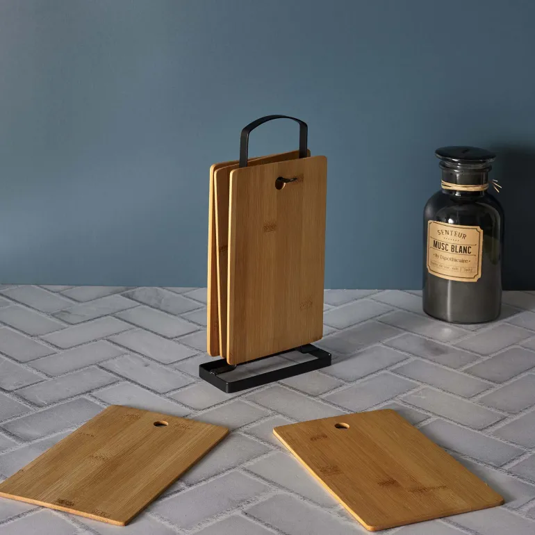 Set de 6 planches à découper en bambou avec socle en métal